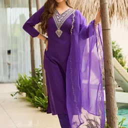 KALINI Women Ethnic Motifs Embroidered Regular Kurta with Trousers & With Dupatta image 3