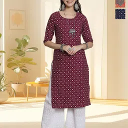 HERE&NOW Selection Of 3 Geometric Printed Round Neck Straight Kurtas-picture-40
