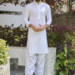 simple way Floral Woven Design Long Sleeves Mandarin Collar Chikankari Kurta-picture-21