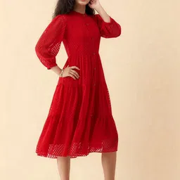 AASK Women Red Self Design Crepe Fit and Flare Calf Length Dress image 3