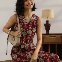 Libas Printed V-Neck Sleeveless Waistcoat With Palazzos Co-Ord-picture-0