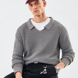 Snitch Self Design Polo Collar Drop-Shoulder Sleeves Pullover Sweater-image-5