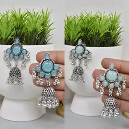 MEIRA JEWELLERY Set Of 2 German Silver Stones Studded Oxidised Dome Shaped Jhumkas-picture-39