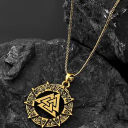 Voylla Men Gold-Plated Statement Valknut Star Quirky Shaped Oxidised Pendant With Chain-picture-22