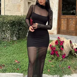 KPOP Women Mock Neck Bodycon Maxi Dress-picture-25