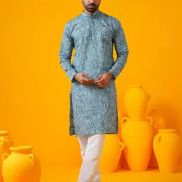 SOJANYA Men Floral Embroidered Regular Kantha Work Kurta with Pyjamas-picture-37