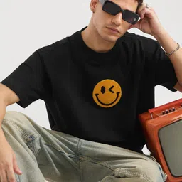 The Souled Store Smiley Graphic Embroidered Pure Cotton Oversized Fit T-shirt-picture-25