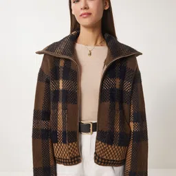 Happiness istanbul Women Kahverengi Bej Checked Mock Collar Long Sleeves Cardigan-picture-14