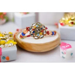 MEIRA JEWELLERY Set Of 2 Designer Kundan-Studded Rakhis With Greeting Card & Roli Chawal image 3