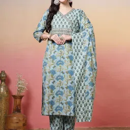 Meena Bazaar Women Floral Printed Angrakha Kurta with Trousers & With Dupatta-image-70