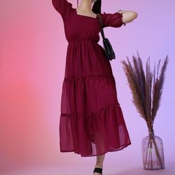 Krunal Raiyani Women Puff Sleeve Tiered Fit & Flare Midi Dress-picture-1