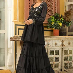 Kalini Women Black Georgette Sequined Front Slit Tunic With Sharara Set image 4