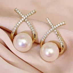 PolluxCraft Gold Plated Zircon Studded & Pearls Beaded Contemporary Korean Studs image 3