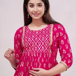 TROPWEAR Floral Printed Round Neck Maternity Fit And Flare Ethnic Dresses image 4