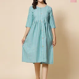 Moda Rapido Pack Of 2 Striped Mandarin Collar Pure Cotton A-Line Dress-image-75