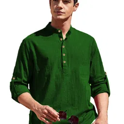 BHUVIKOO Band Collar Roll-Up Sleeves Straight Short Kurta image 1