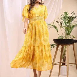 Attire Empire Printed Flared Sleeve Smocked Tiered Georgette Fit & Flare Midi Dress image 5