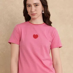 RAREISM Women Solid Round Neck Cotton T-shirt image 1