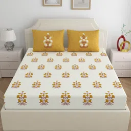 Home Ecstasy Mustard & Off White Floral 140 TC Queen Bedsheet with 2 Pillow Covers image 2