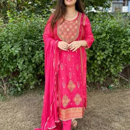 GoSriKi Woven Design Straight Kurta With Trousers And Dupatta image 1