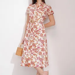 ESPYR By Tokyo TalkiesWomen Floral Printed A-Line Button Down Cotton Shirt Dress-image-75
