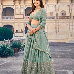 KALINI Embroidered Sequinned Semi-Stitched Lehenga & Unstitched Blouse With Dupatta image 3
