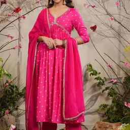 Ekta Textiles Women Bandhani Printed Kurta With Trousers & With Dupatta image 4