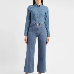 levi's Women's Blue Ribcage Bell Bottom Wide Leg Fit High Rise Jeans-picture-13