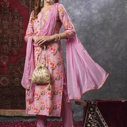 GoSriKi Floral Printed Straight Kurta with Trousers & Dupatta-image-28