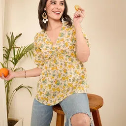 WineRed Floral Printed Pure Cotton Puff Sleeve Top image 5