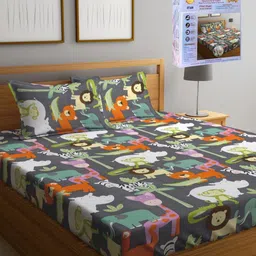 FABINALIV Grey & Orange Cartoon Characters 300 TC King Bedsheet with 2 Pillow Covers-image-93