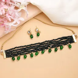 Sangria Women Green Artificial Beads Multi Layered Necklace With Drop Earring-image-85