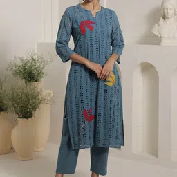 Indo Era Women Embroidered Pure Cotton Kurta With Trouser-image-45