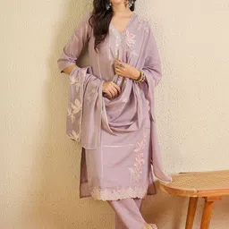 Indo Era Women Floral Embroidered Regular Thread Work Pure Cotton Kurta with Trousers & With Dupatta image 4