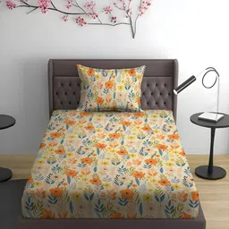 WEAVE AND DECOR White & Orange Floral Microfiber 300 TC Single Bedsheet Set-2.28 mx1.52m-picture-22