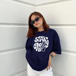 kulfi Women Typography Round Neck Cotton Blend Dark Blue T-Shirt-picture-18