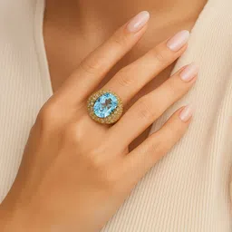 nodanza Luxury Gold-Plated Statement Ring with Sky Blue Oval Gemstone & Crystal Accents Glass Cubic Zirconia Ring image 4