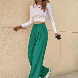 kotty Women Straight Fit Green Viscose Rayon Trousers image 3