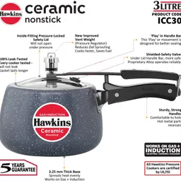 hawkins Ceramic Nonstick Granite Contura Shaped Cooker With SS Grid 11cms Combo 3 L Induction Bottom Pressure Cooker image 2