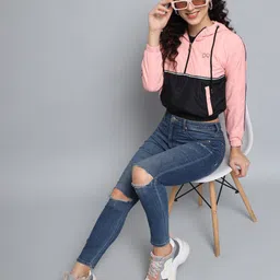 BROOWL Women Peach-Coloured Black Colourblocked Windcheater Crop Rapid-Dry Jacket image 3