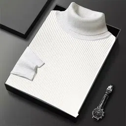 Men Solid High Neck White Sweater-image-1
