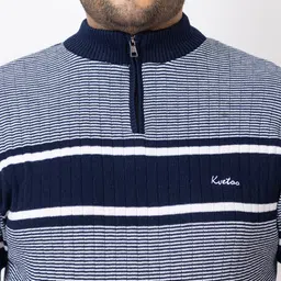kvetoo Men Striped High Neck Dark Blue Sweater image 4