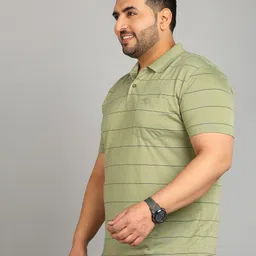 metronaut plus Plus Size Men Striped Polo Neck Cotton Blend Green T-Shirt image 3
