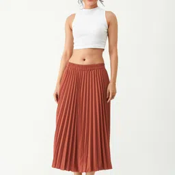 aask Women Solid Pleated Orange Skirt image 4