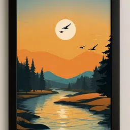 mishra Modern Sunset Landscape Wall Art - Mountains, Pine Trees & Birds 13 inch Photo image 1