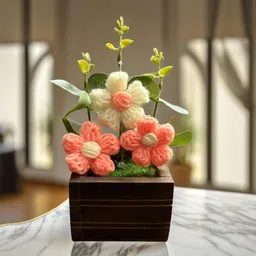 Akaar Decor's Handmade Crochet Flower Pot with Wooden Base Pink Daisy Artificial Flower with Pot image 5