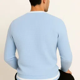 wulvee Men Self Design Round Neck Light Blue Sweater image 3