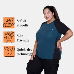 white moon Women Solid Round Neck Polyester Blue, Black T-Shirt image 4