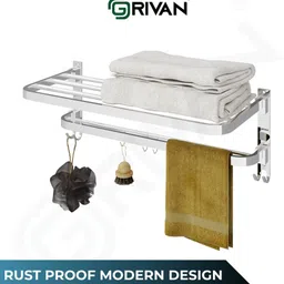 grivan Premium Foldable Bathroom Towel Stand/Rod/Holder With Hooks And Hanger Stainless Steel Wall Shelf image 4