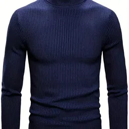 oishee Men Striped High Neck Dark Blue, Black Sweater image 2